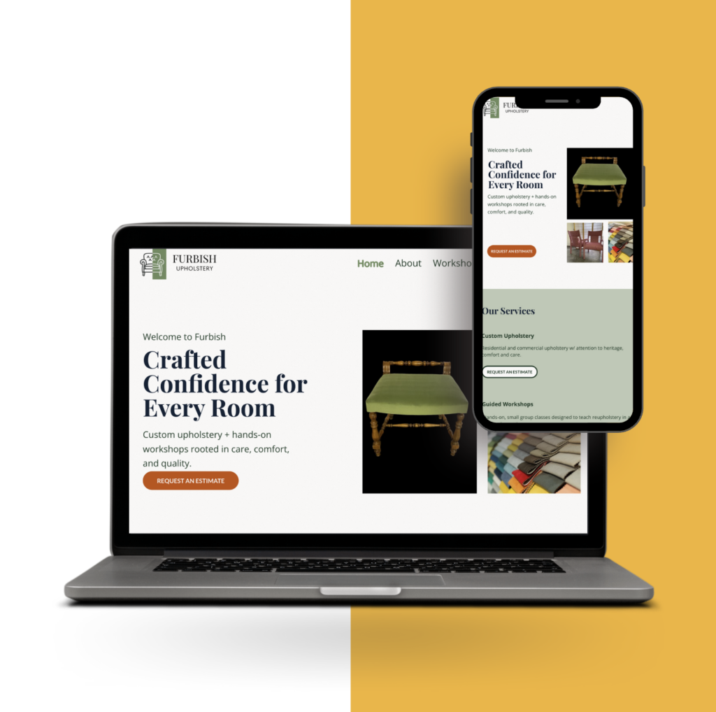 Mockup of Wix website for upholstery business displayed on laptop and phone, showing mobile-friendly layout and workshop booking feature.
